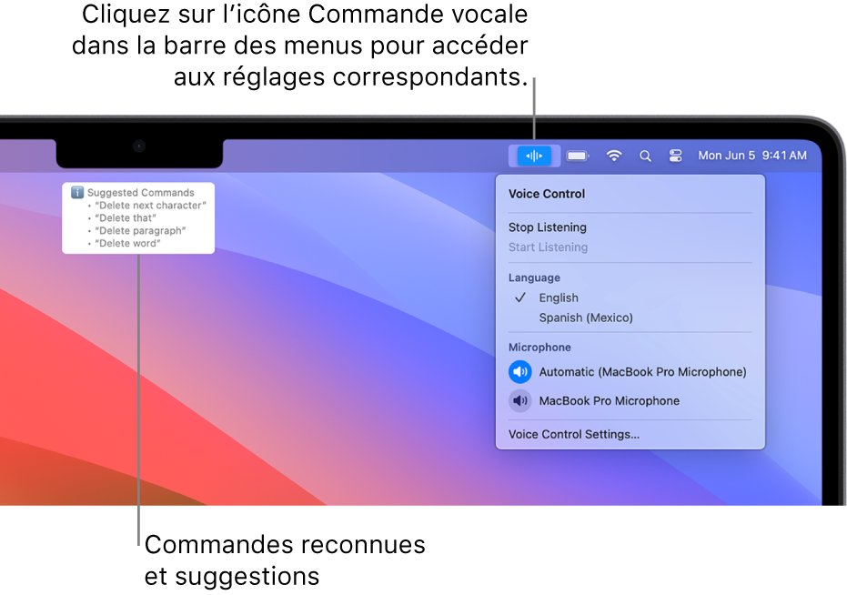 La fenêtre de retour de la commande vocale sous des suggestions de commandes de texte, comme « Supprimer ça » ou « Cliquer sur Supprimer »