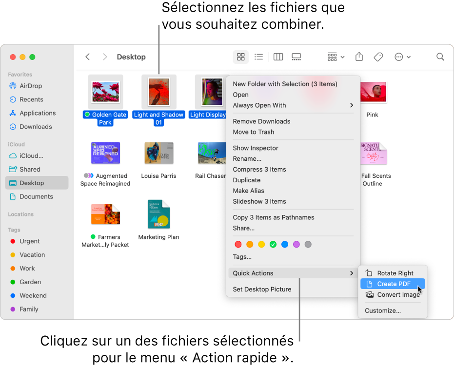 Une fenêtre du Finder contenant des fichiers et des dossiers ; trois fichiers sont sélectionnés et l’option « Créer un PDF » est surlignée dans le menu « Actions rapides ».