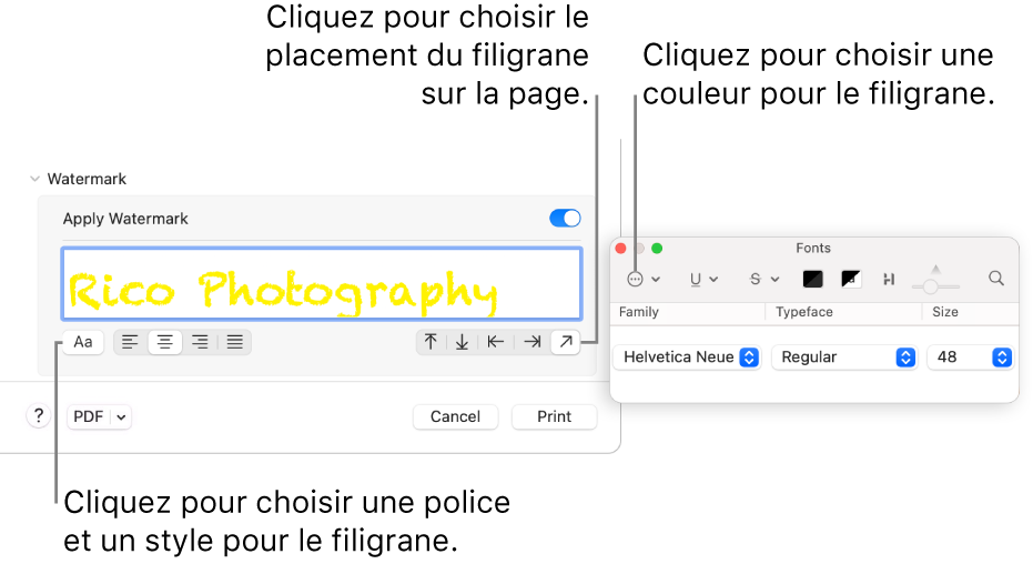 Les options d’impression Filigrane présentant les options Appliquer un filigrane, Lieu et Étiquette de filigrane.