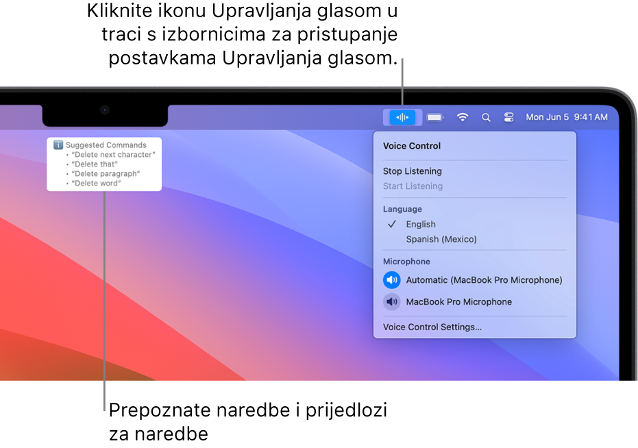 Prozor povratnih informacija Upravljanja glasom s predloženim tekstualnim naredbama iznad, kao što su “Delete that” ili “Click Delete”.