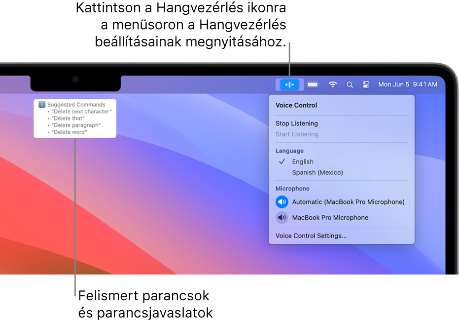 A Hangvezérlés visszajelzés ablaka, fölötte a javasolt szöveges parancsokkal, például „Törlés,” vagy „Kattintás a Törlésre”.