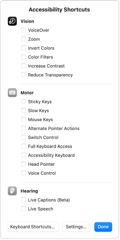 Il pannello delle abbreviazioni di accessibilità che elenca le funzionalità visive, come “Filtri colore”, le funzionalità fisiche e motorie, come “Accesso completo da tastiera” e le funzionalità uditive come “Trascrizioni live” (beta).