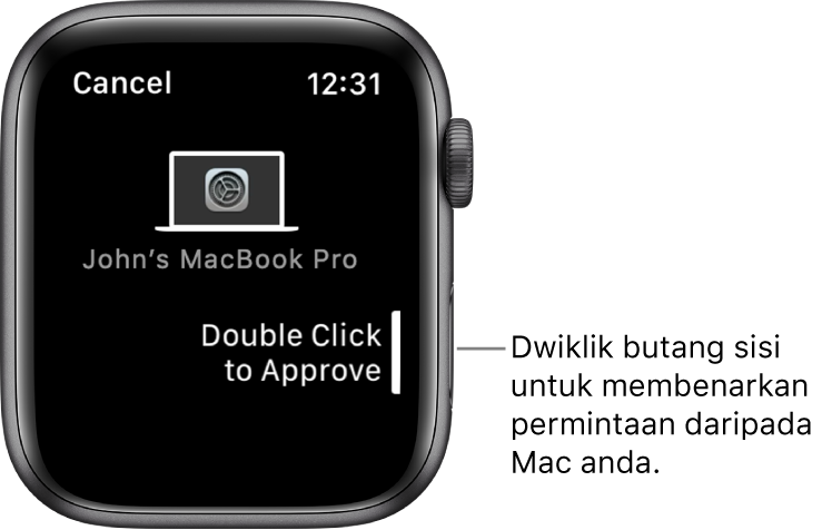 Apple Watch menunjukkan permintaan kelulusan daripada MacBook Pro.