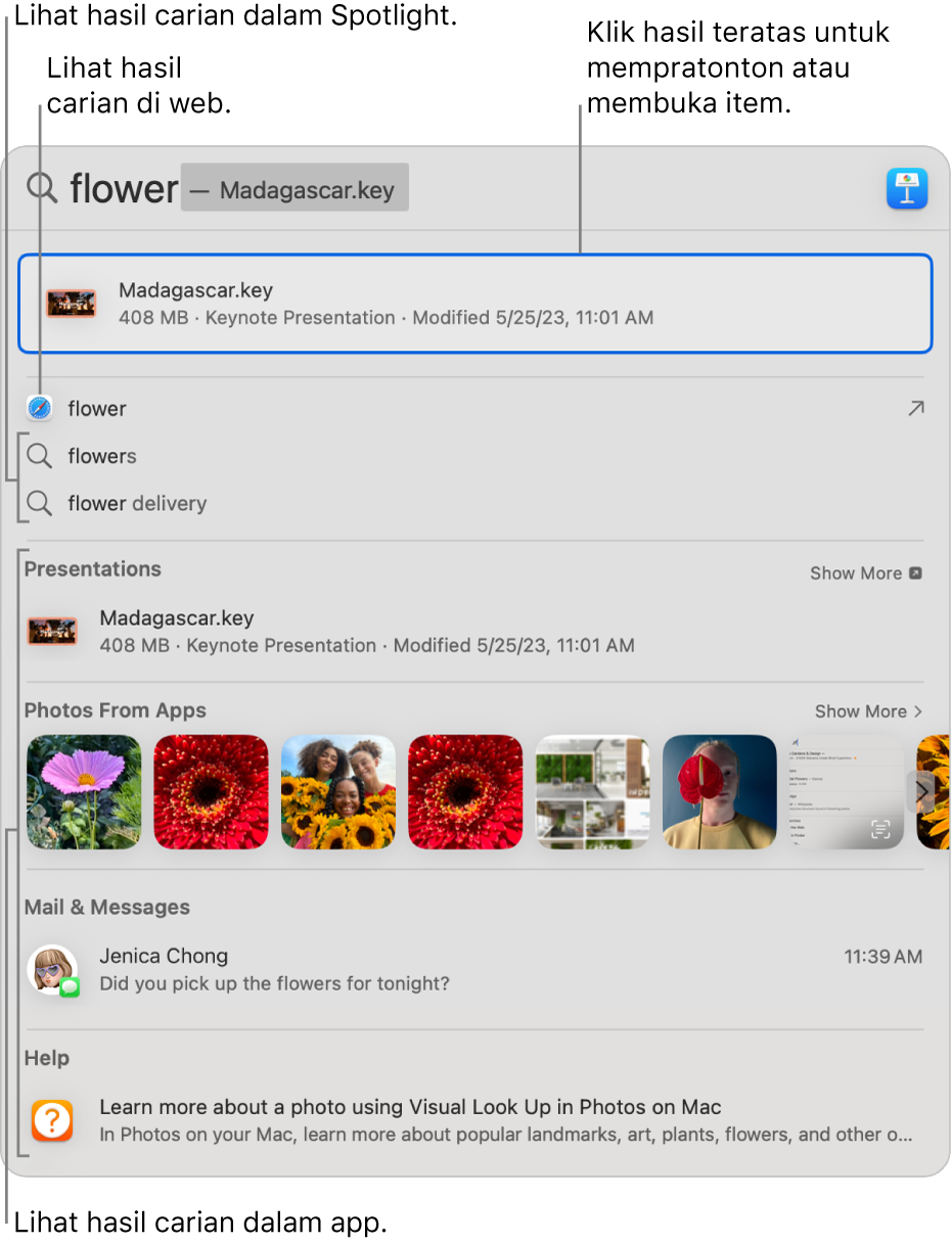 Tetingkap Spotlight menunjukkan teks carian dalam medan carian di bahagian atas tetingkap dan hasil di bawah.