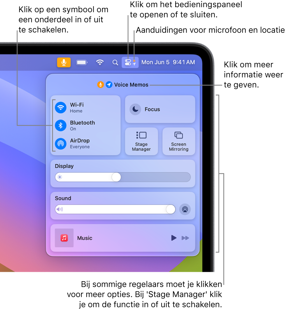 Het bedieningspaneel rechtsboven in het scherm, met onder andere regelaars voor 'Wifi', 'Focus', 'Niet storen', 'Geluid' en 'Huidig onderdeel'.