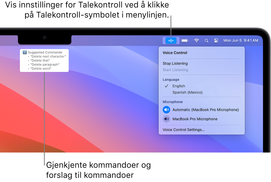 Tilbakemeldingsvinduet i Talekontroll med foreslåtte tekstkommandoer, som «Slett det» eller «Klikk på Slett», vises over det.