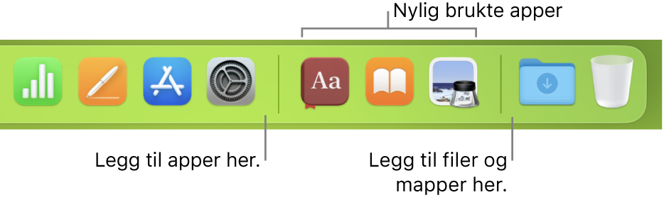 Høyre side av Dock viser skillelinjene før og etter delen med nylig brukte apper.