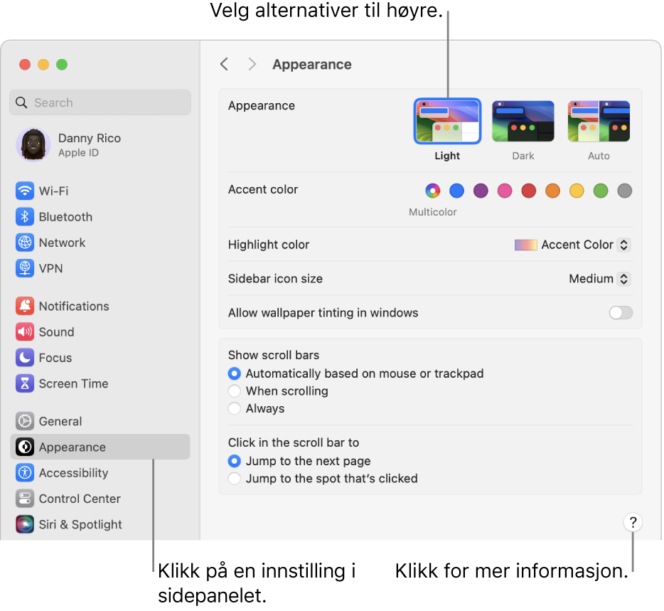 Systeminnstillinger-vinduet, med Utseende-innstillinger markert i sidepanelet og Utseende-valg til høyre.