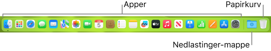 Dock med symboler for apper, Nedlastinger-stabelen og papirkurven.