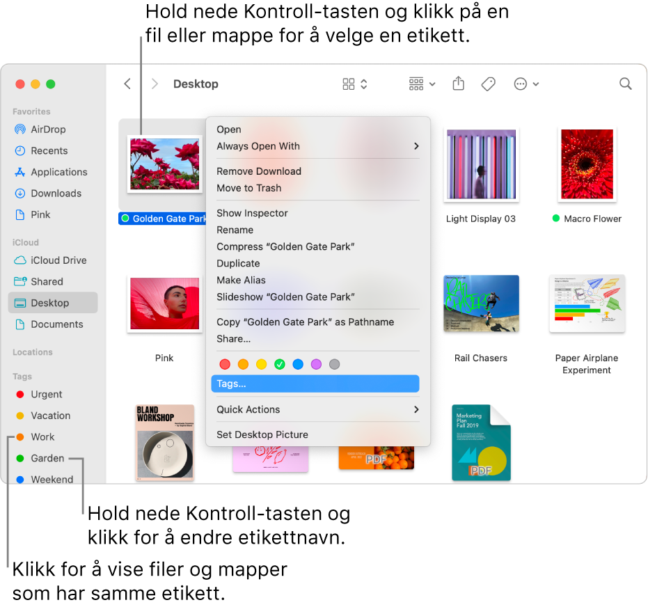 Et Finder-vindu med filer og mapper med etiketter, og én fil er markert. I snarveismenyen er det tre fargevalg for etiketter, og Etiketter er markert.