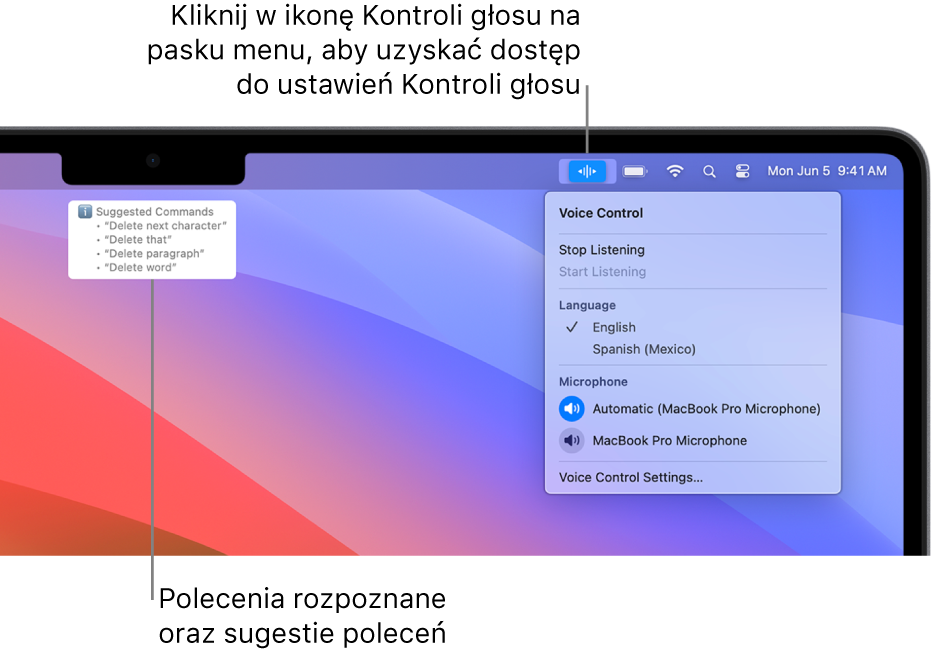 Okno reakcji funkcji Sterowanie głosowe. Obok niego widoczne są sugerowane polecenia dotyczące tekstu, takie jak Usuń to lub Kliknij w Usuń.