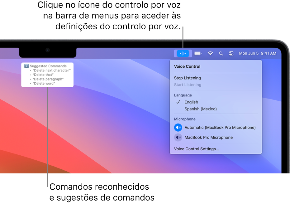 A janela de feedback do controlo por voz com comandos de texto sugeridos, como “Apagar aquilo” ou “Clicar em Apagar”, apresentados por cima dela.