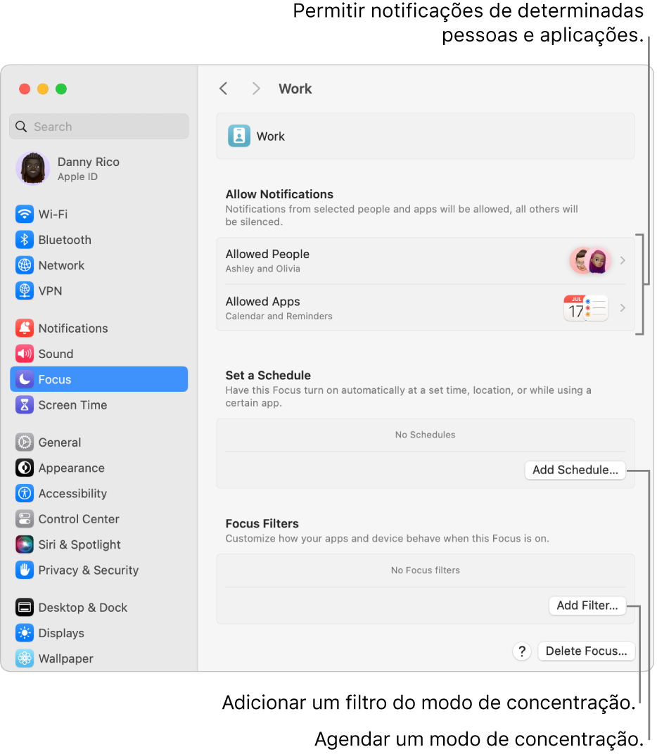 Definições de Concentração a mostrar as definições do modo de concentração Trabalhar. Na parte superior da lista está a lista de pessoas e aplicações cujas notificações são permitidas quando o modo de concentração Trabalhar está ativo.