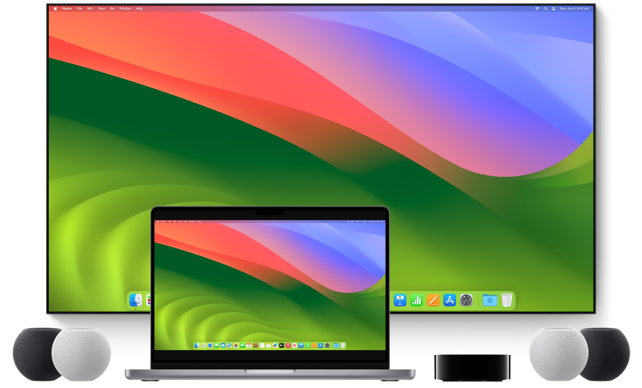Un computer Mac și dispozitivele către care poate difuza conținut în flux utilizând AirPlay (de exemplu, un Apple TV, difuzoare HomePod mini și un smart TV).