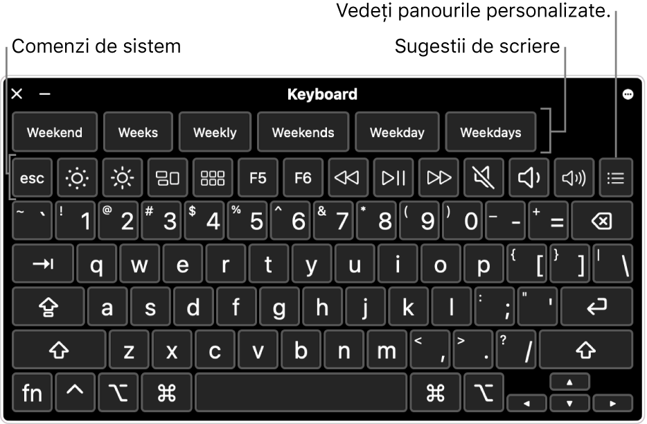 Tastatură de accesibilitate cu sugestii de tastare în partea de sus. Mai jos se află un rând de butoane pentru comenzile de sistem, pentru a realiza lucruri cum ar fi ajustarea luminozității afișajului și afișarea panourilor personalizate.