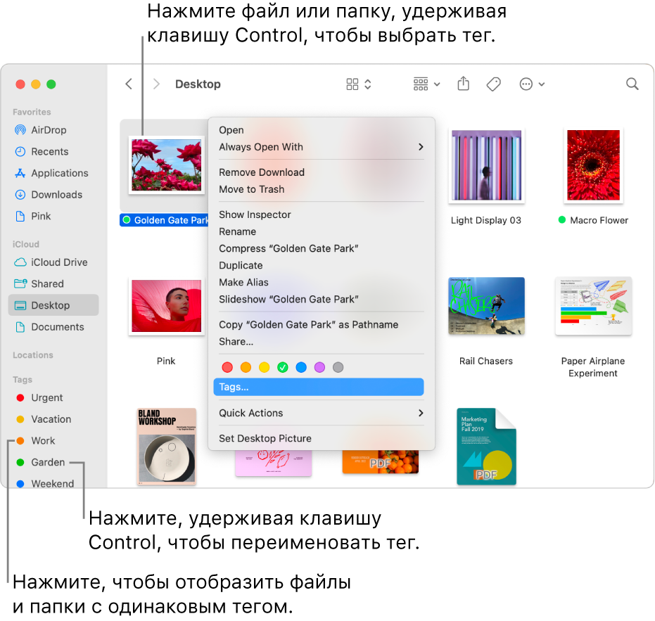 Показано окно Finder, содержащее файлы и папки с тегами, и выбран файл. В контекстном меню можно выбрать цвет тегов; выделено «Теги».