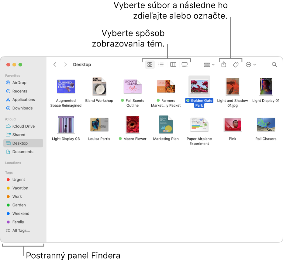 Okno Findera s postranným panelom Findera na ľavej strane. V hornej časti okna sú štyri tlačidlá, ktoré zmenia spôsob zobrazenia položiek v okne a dodatočné tlačidlá na usporiadanie a zdieľanie položiek.