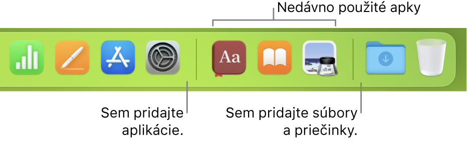 Pravá strana Docku zobrazujúca čiary oddeľovača pred a za sekciou naposledy použitých apiek.