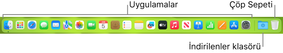 Uygulama simgelerini, İndirilenler belge grubunu ve Çöp Sepeti’ni gösteren Dock.