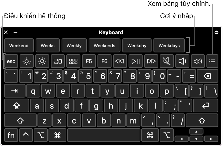 Bàn phím trợ năng với gợi ý nhập ngang đầu. Bên dưới là một hàng nút điều khiển hệ thống để thực hiện các việc như điều chỉnh độ sáng màn hình và hiển thị bảng tùy chỉnh.