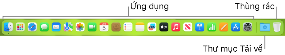 Dock đang hiển thị các biểu tượng cho các ứng dụng, ngăn xếp Tải về và Thùng rác.