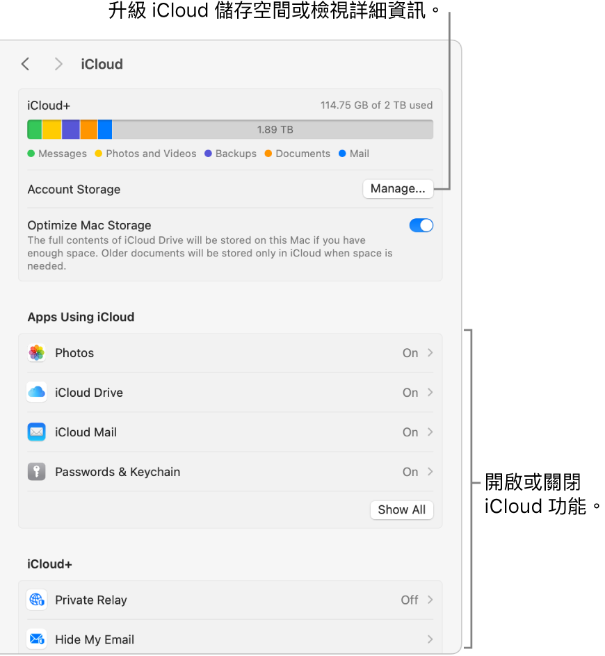 已開啟所有功能的 iCloud 設定。