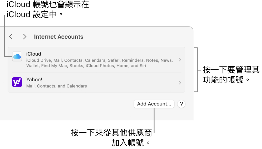 「網際網路帳號」設定列出在 Mac 上設定的帳號。