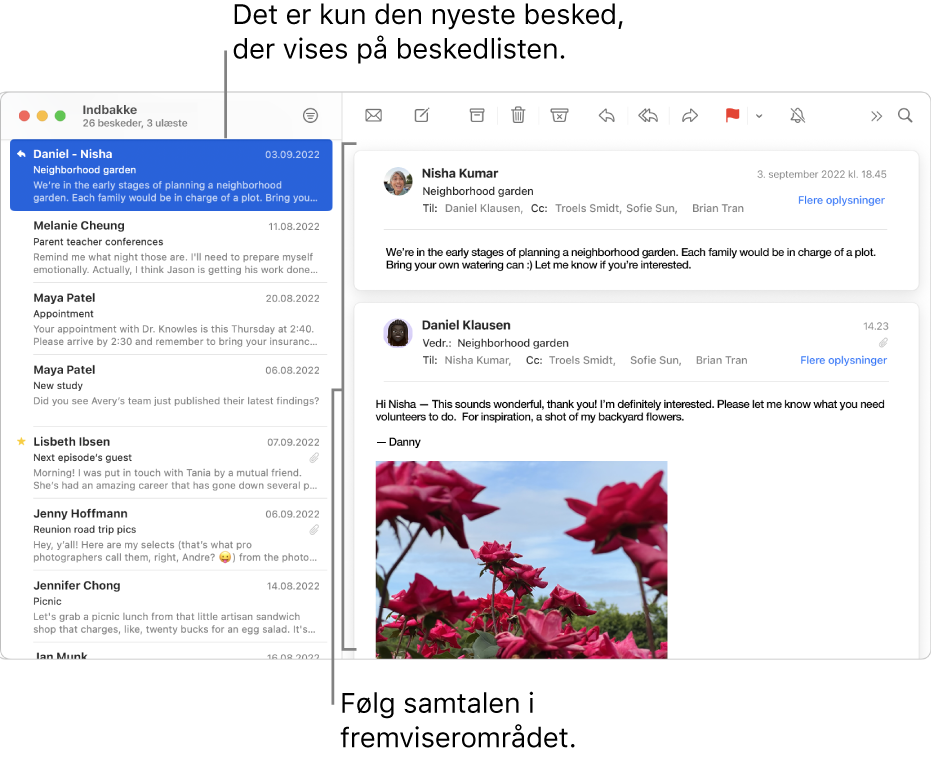 Det er kun den nyeste besked i en samtale, der vises på beskedlisten. Et tal i den øverste besked viser, hvor mange af samtalens beskeder der er i den aktuelle postkasse. Følg samtalen i eksempelområdet.