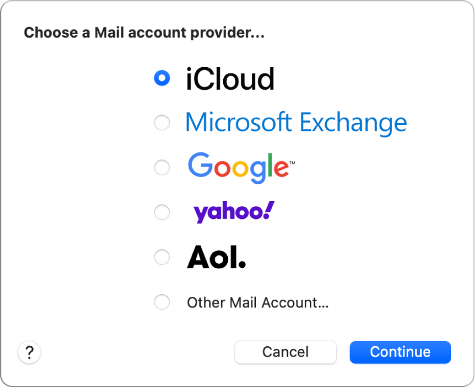 A Mail window showing the account dialog.
