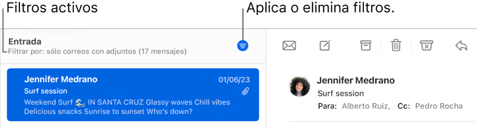 La ventana de Mail mostrando la barra de herramientas arriba de la lista de mensajes, donde Mail indica cuáles filtros están aplicados, como sólo de VIP.