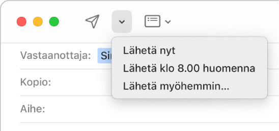 Viesti-ikkunassa olevassa valikossa näkyy erilaisia vaihtoehtoja sähköpostin lähettämistä varten: Lähetä nyt, Lähetä klo 8 huomenna ja Lähetä myöhemmin.