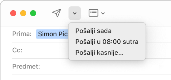 U izborniku unutar prozora poruke prikazuju se različite opcije za slanje e-maila – Pošalji sada, Pošalji u 8 h sutra i Pošalji kasnije.