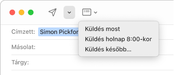Egy menü az üzenetablakban, amely egy e-mailek elküldésére vonatkozó különböző lehetőségeket jeleníti meg – Küldés most, Küldés holnap 8:00 órakor és Küldés később.