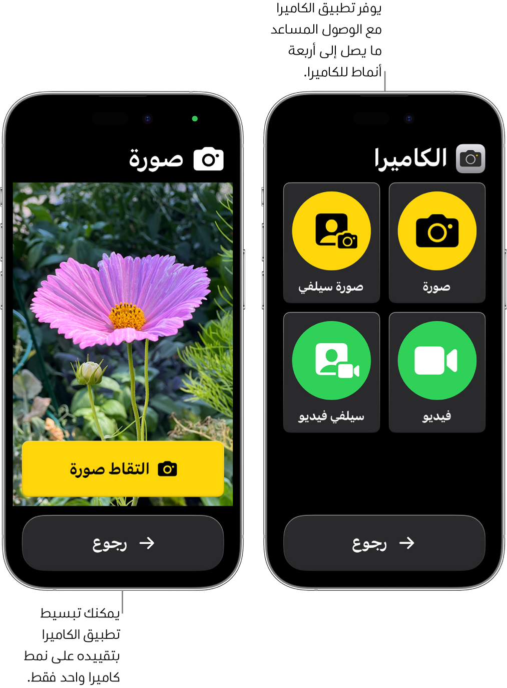 هاتفا iPhone في الوصول المساعد. يعرض هاتف iPhone منهما تطبيق الكاميرا وبه أوضاع الكاميرا التي يمكن للمستخدم الاختيار منها، مثل فيديو أو صورة سيلفي. بينما يعرض هاتف iPhone الآخر تطبيق الكاميرا وبه وضع واحد لالتقاط الصور.