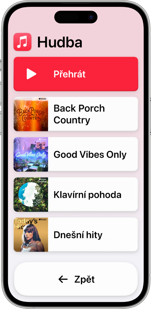 iPhone v asistivním přístupu s otevřenou aplikací Hudba. U horního okraje displeje je tlačítko Přehrát a u dolního okraje tlačítko Zpět. Zbývající část displeje vyplňuje seznam playlistů.