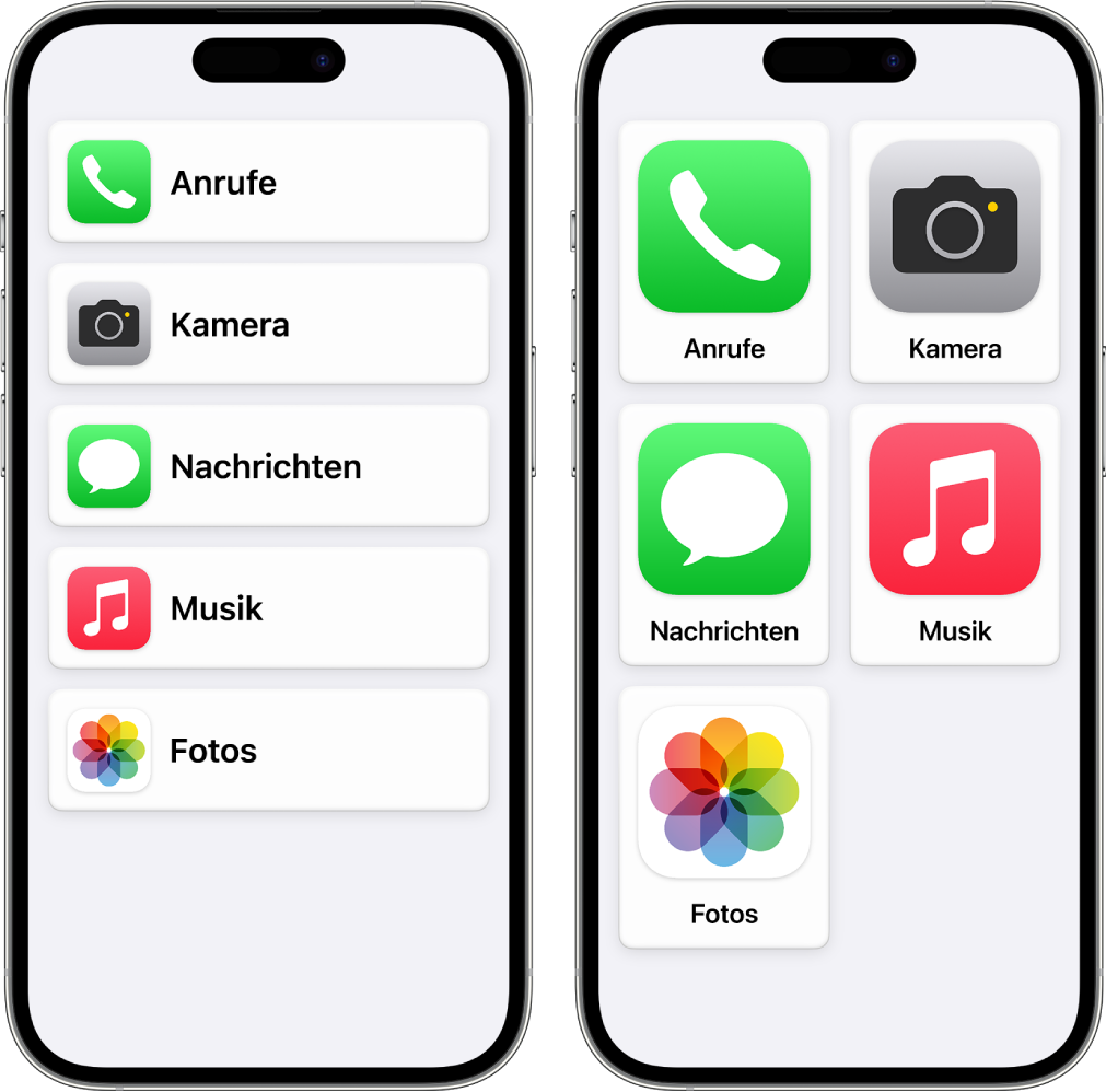 Zwei iPhone-Geräte mit der aktivierten Funktion „Unterstützender Zugriff“. Auf einem wird der Home-Bildschirm mit Apps in einer Liste angezeigt. Auf dem anderen werden größere App-Symbole in einem Raster angezeigt.