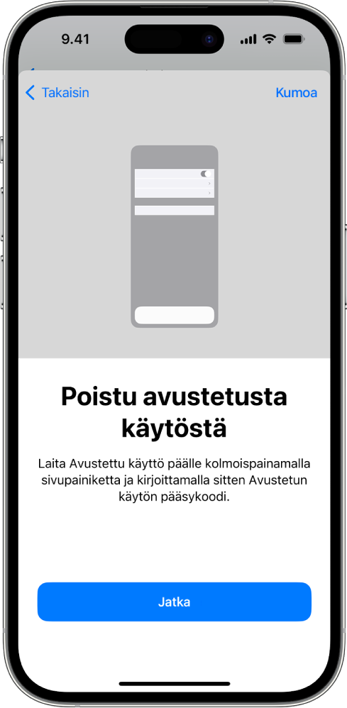 iPhone, jonka näytöllä selitetään, miten avustetusta käytöstä poistutaan.