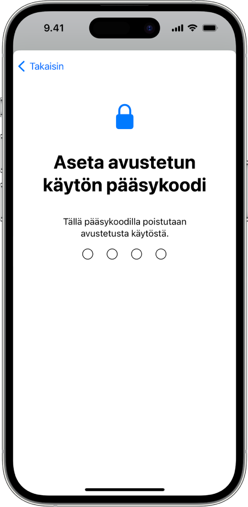 iPhone, jossa on näkyvissä näyttö, jolla asetetaan pääsykoodi avustettuun käyttöön siirtymistä ja siitä poistumista varten.