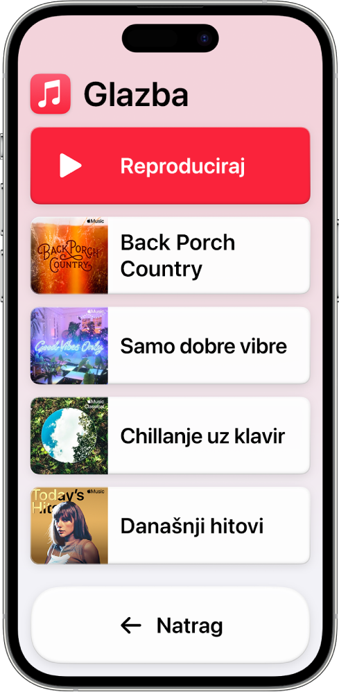 iPhone u Pomoćnom pristupu s otvorenom aplikacijom Glazba. Tipka Reproduciraj nalazi se na vrhu zaslona, a tipka Natrag na dnu. Popis reprodukcijskih lista ispunjava sredinu zaslona.
