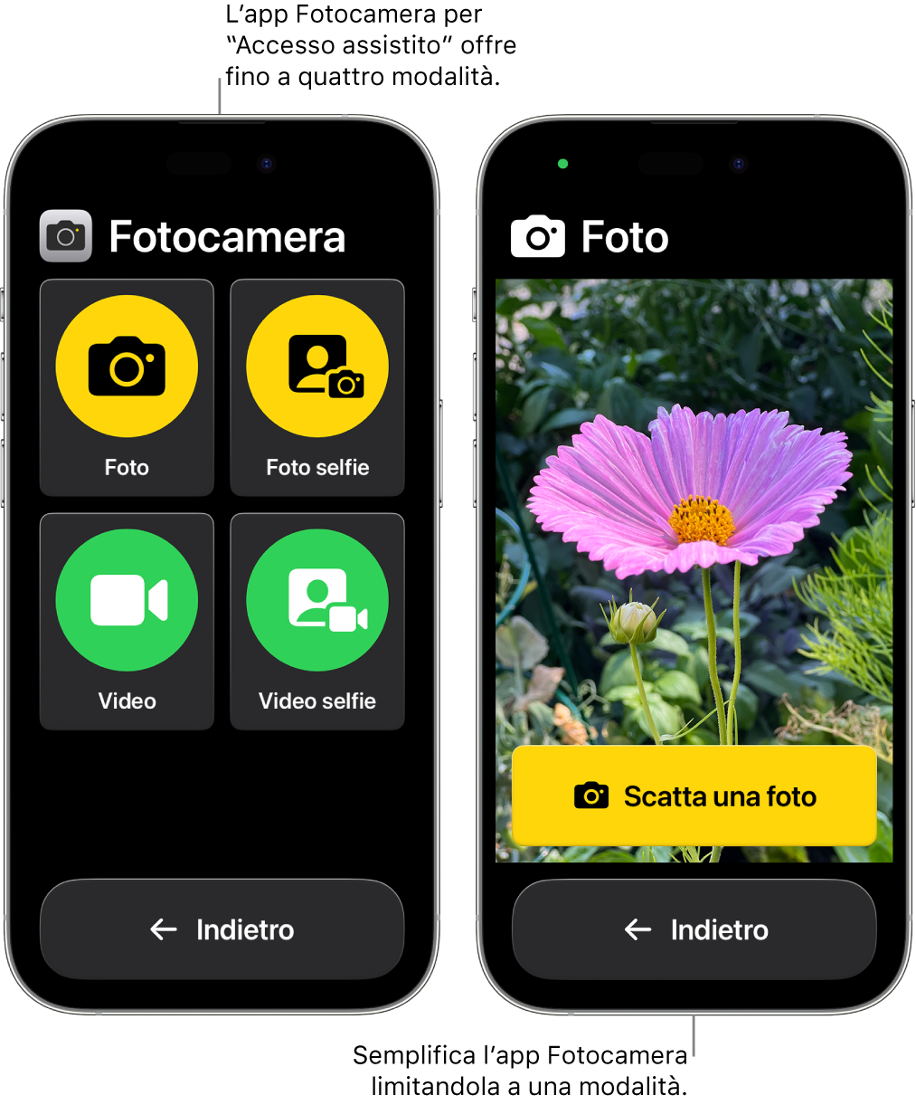 Due iPhone in modalità “Accesso assistito”. Un iPhone mostra l’app Fotocamera con le modalità a disposizione dell’utente, come Video o “Foto selfie”. L’altro iPhone mostra l’app Fotocamera con una sola modalità per scattare le foto.