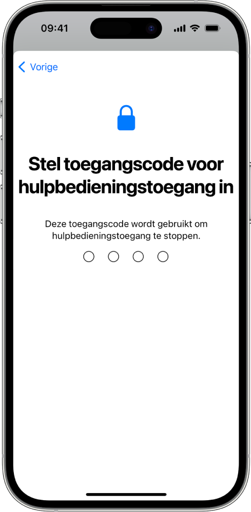 Een iPhone met het instelscherm voor de toegangscode waarmee hulpbedieningstoegang wordt gestart en gestopt.