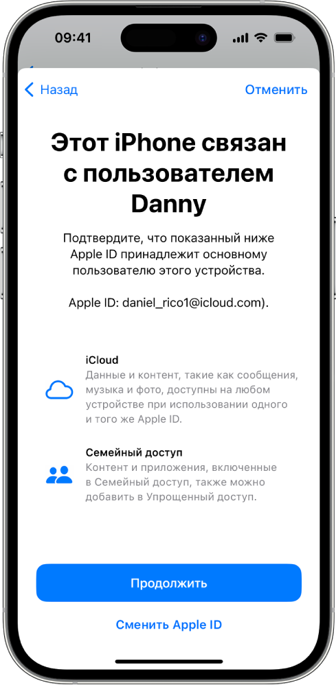 На iPhone отображается связанный с устройством Apple ID, а также информация о функциях iCloud и «Семейный доступ», которые можно использовать в режиме Упрощенного доступа.