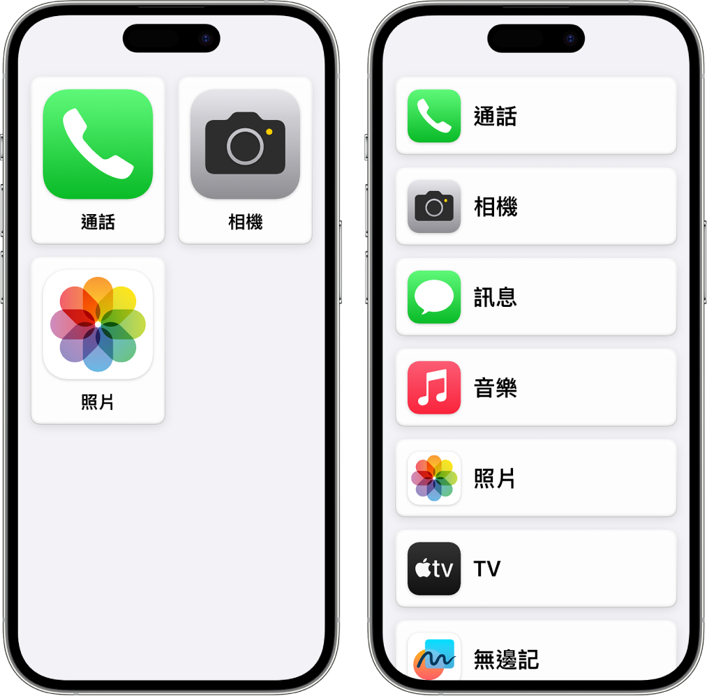 兩部 iPhone 顯示「自訂輔助取用」主畫面。一部 iPhone 顯示只有少數幾個 App 的放大版格狀項目。另一部 iPhone 顯示以列表排列的多個 App。