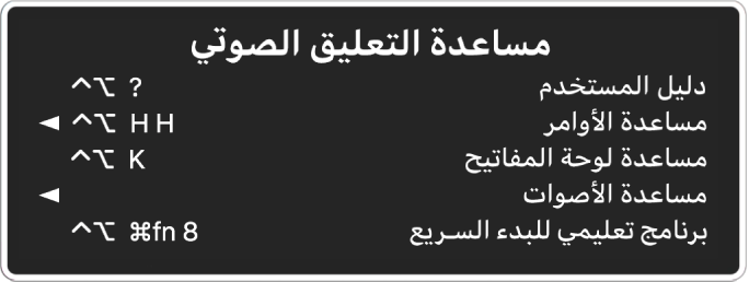 قائمة مساعدة التعليق الصوتي، من الأعلى إلى الأسفل: دليل المستخدم، ومساعدة الأوامر، ومساعدة لوحة المفاتيح، ومساعدة الأصوات، والبرنامج التعليمي للبدء السريع. على يسار كل عنصر يوجد أمر التعليق الصوتي الذي يقوم بعرض العنصر، أو سهم للوصول إلى قائمة فرعية.