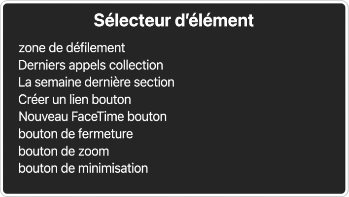 Le sélecteur d’élément est une sous-fenêtre qui répertorie des éléments, notamment une zone de défilement et un bouton de fermeture.