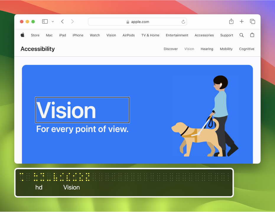 Le bureau du Mac avec une page web ouverte. En dessous, le panneau braille affiche ce qui se trouve dans le curseur de VoiceOver sur la page web en utilisant des points jaunes fictifs, avec le texte correspondant en dessous des points.