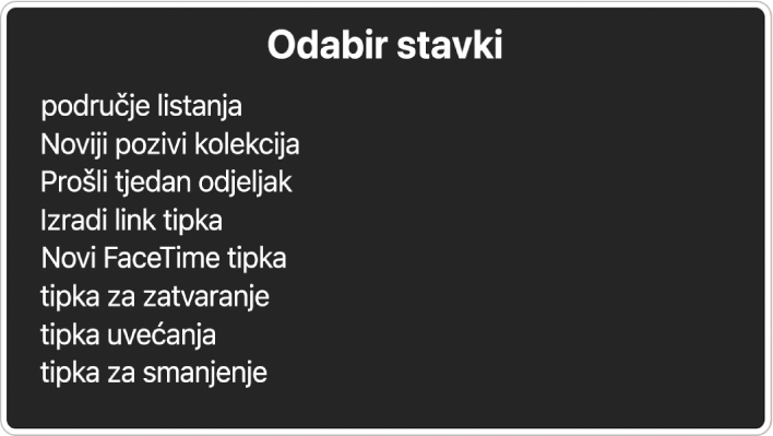 Izbornik stavki je prozor koji između ostalog navodi stavke poput područja za listanje i tipke za zatvaranje.