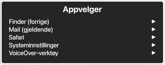 Appvelgeren viser fem åpne apper, inkludert Finder og Systeminnstillinger. Til høyre for hvert objekt i listen er det en pil.