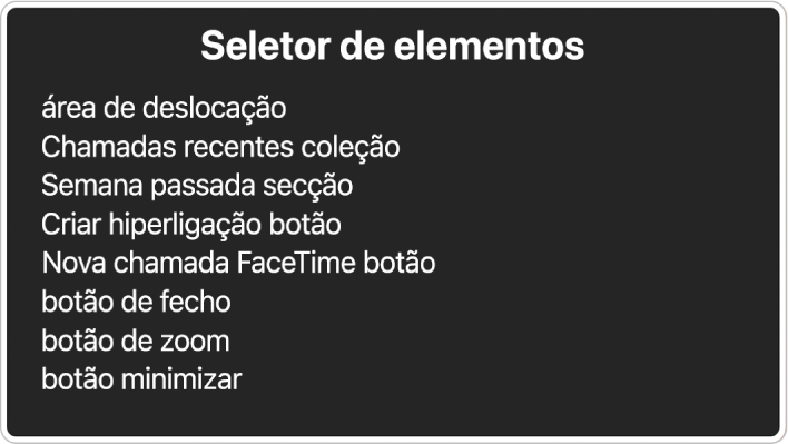 O seletor de elementos é um painel que apresenta uma lista de elementos, como a área de deslocação e o botão de fechar, entre outros.