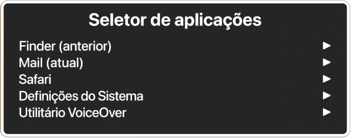 O seletor de aplicações a listar cinco aplicações abertas, incluindo o Finder e as Definições do Sistema. À direita de cada elemento da lista encontra-se uma seta.